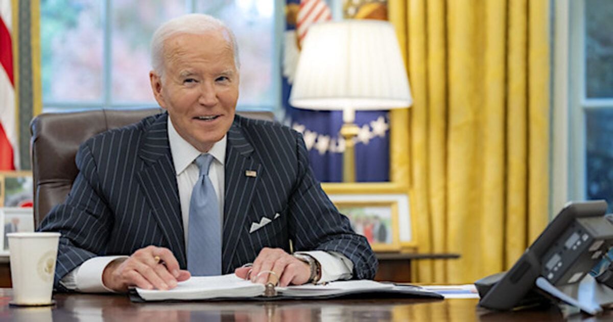 Joe Biden participates in a secure phone call with French President Emmanuel Macron, Friday, Nov. 22, 2024, in the Oval Office. (Official White House photo by Adam Schultz)